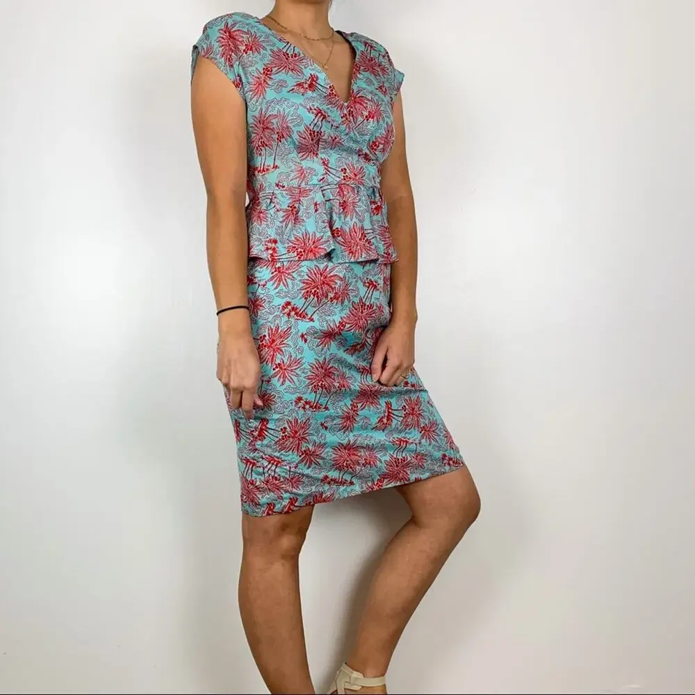 Nanette Lepore Teal & Red 100% Silk Peplum Waist Palm Print Dress Size 4 - Picture 9 of 13